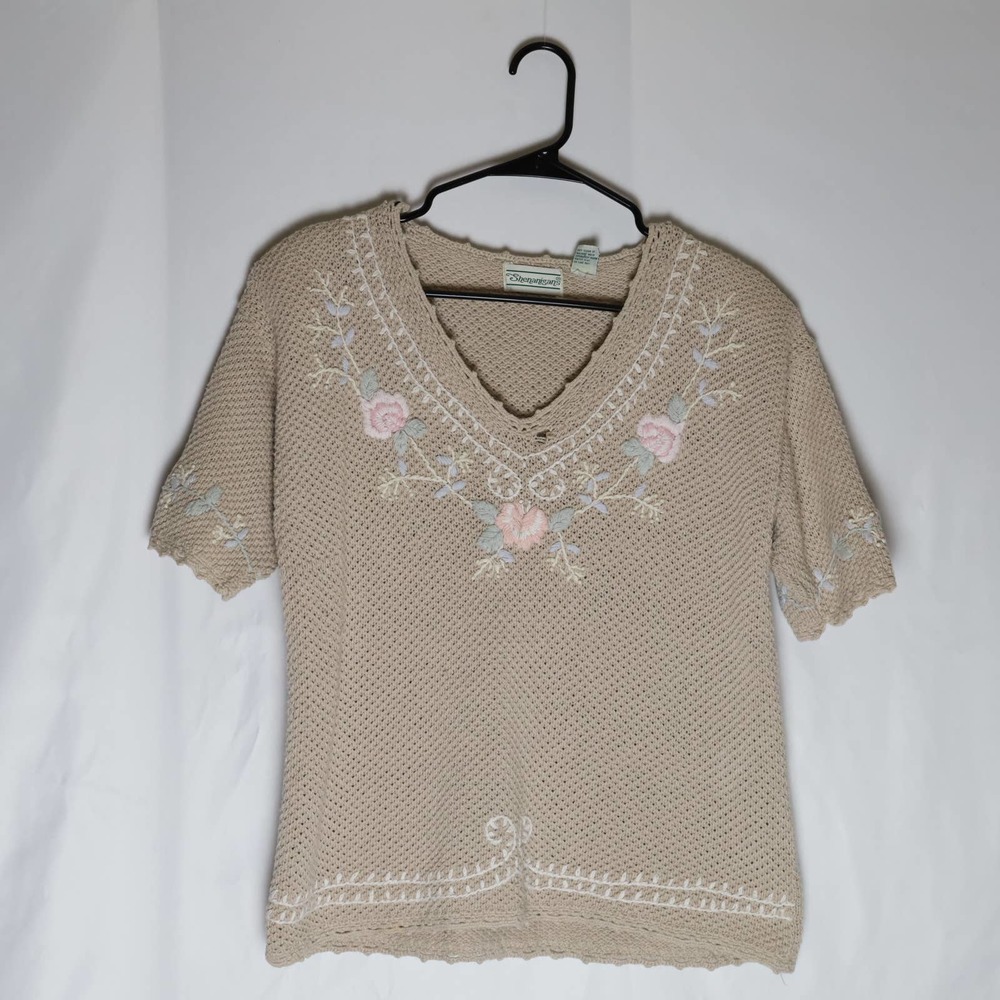 Shenanigans Sweater Women's M Beige Loose Knit Short Sleeve V Neck 80's Vintage